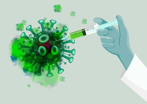 Hand die een injectiespuit vasthoudt. injecteren van COVID-19 Viruspathogeen Het gebruikt voor preventie, immunisatie en behandeling van coronavirusinfectie (ziekte 2019, COVID-19, nCoV 2019) Geneesmiddelenconcept - Vector, afbeelding