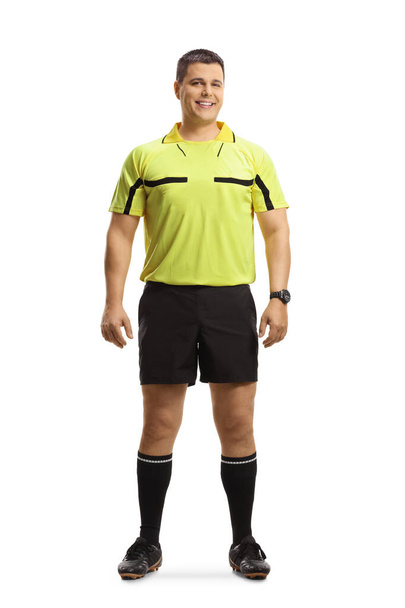 Full length portrait of a sports football referee posing isolated on white background - Foto, imagen