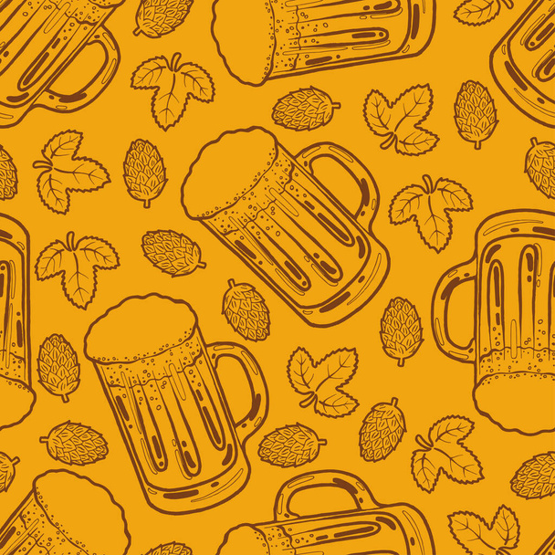 Seamless background with a pattern of hand drawn transparent glass of cold fresh beer with foam and bubbles, hop cone and leaf - Vector, Image