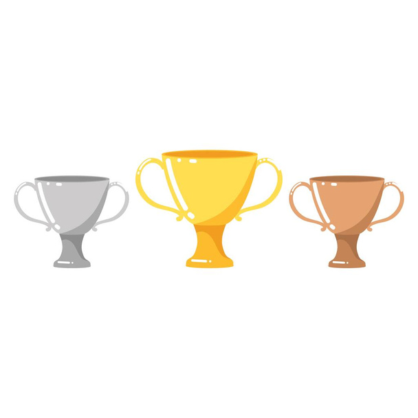 Awards for sports competition. Gold Cup for first place. Silver Cup for second place. Bronze Cup for third place. Flat minimalistic design. Icons. Isolated clipart set on white background. - Vector, Image