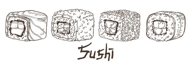 Rolos de sushi deliciosos e frescos. Filadélfia, Califórnia, Alasca, enrolado em pepino. Ilustração isolada em preto e branco com a inscrição em um fundo branco - Vetor, Imagem