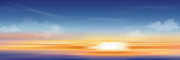 オレンジ、黄色、紫の色で夜の夕日の空、濃い青の空で劇的な夕暮れの風景、春または夏の背景のための日の出のベクトルメッシュ水平線のバナー - ベクター画像