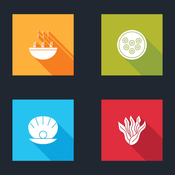 Set Soup with shrimps, Caviar on a plate, Shell pearl and Seaweed icon. Vector. - Vector, Image