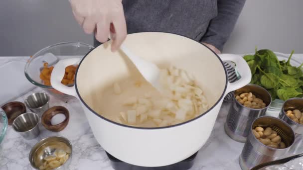 Cucina vegetariana zuppa di fagioli bianchi nel forno olandese in ghisa. - Filmati, video