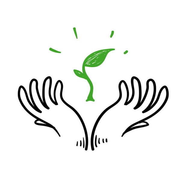 Hand gezeichnetes Doodle Hand und Samenpflanze Illustration Symbol Symbol für die Rettung der Natur Erde - Vektor, Bild