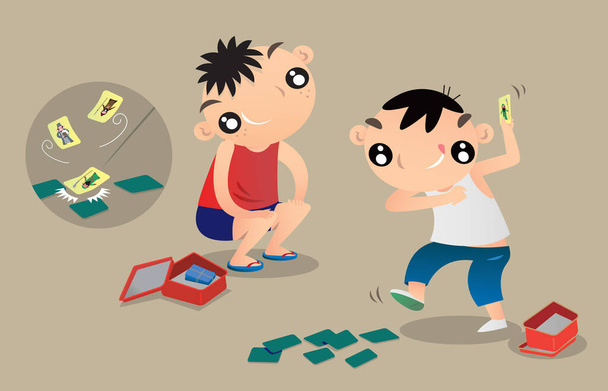 Hong Kong 'lu çocuklar iskambil oynuyor. Eski zamanlarda popülerdi. Bir tarafında çizgi film baskısı olan kartlar. Oyuncu diğerlerini canlandırmak için bir kart atar ve attıktan sonra her kartın yüzükoyun düşmesini sağlar.. - Vektör, Görsel