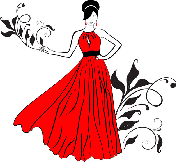Vector girl with red long dress - Vector, Image