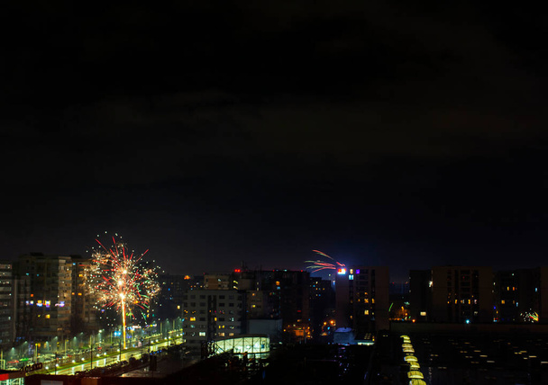 Firworks in Bucharest, Romania on 01 January 2021 after midnight at 12:00 AM - Photo, Image