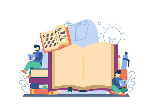 Kitap okuma konsepti. Kitap yığınları üzerine kitap okuyan bir adam. İnternet kitapları, kütüphane, sınav hazırlığı, evde eğitim, uzaktan eğitim. İniş sayfaları, ağ, afişler, şablonlar, arkaplanlar için kullanılabilir - Vektör, Görsel