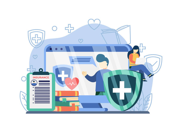 health care online webinars. woman sit on medical shield watch online webinars. online webinars, online courses, training, insurance. can be used for landing pages, web, banners, templates. - Vector, Image