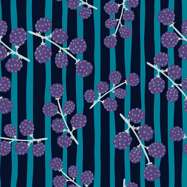 Padrão decorativo sem costura com ornamento blackberry aleatório roxo. Fundo listrado azul. Perfeito para design de tecido, impressão têxtil, envoltório, tampa. Ilustração vetorial - Vetor, Imagem
