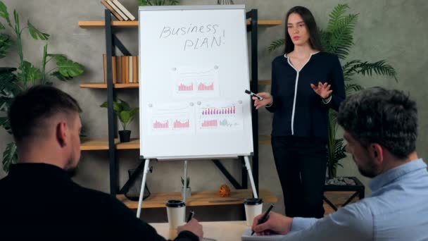 Man luisteren CEO kijkt presentatie strategie plan op flip chart, schrijven in notebook - Video