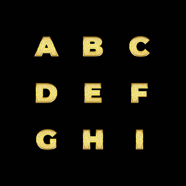 Set of realistic gold glitter alphabets on black background. Capital letters A, B, C, D, E, F, G, H, and I. Vector decoration suitable for celebration, birthday, anniversary, new year, wedding, party - Vecteur, image