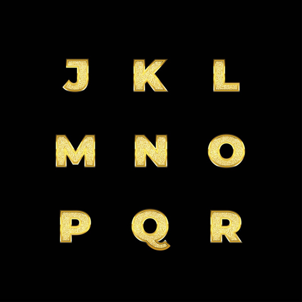 Set of realistic gold glitter alphabets on black background. Capital letters J, K, L, M, N, O, P, Q, and R. Vector decoration suitable for celebration, birthday, anniversary, new year, wedding, party - Vector, Image