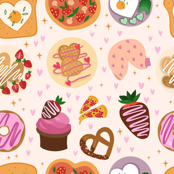 Valentines Day love food seamless pattern. Romatic Delicious food. Vector hand drawn illustration. - Vector, Image