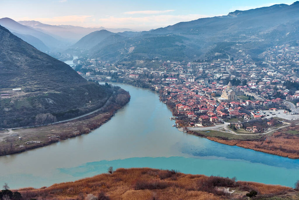 The historic town of Mtskheta, Georgia located on the banks of where the water of Mtkvari and Aragvi rivers meet seen from Jvari Monastery.                        - Photo, image