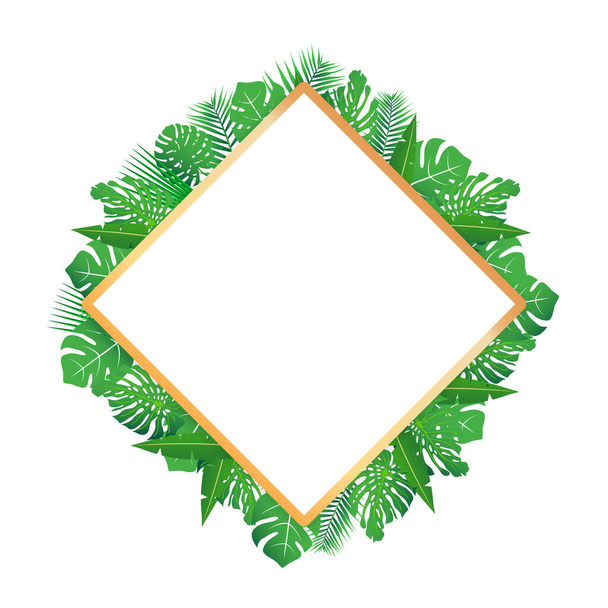Tropische bladeren rond een diamant frame kopiëren ruimte. Heldere abstracte achtergrond voor banner, flyer of cover met kopieerruimte voor tekst of embleem - Vector, afbeelding