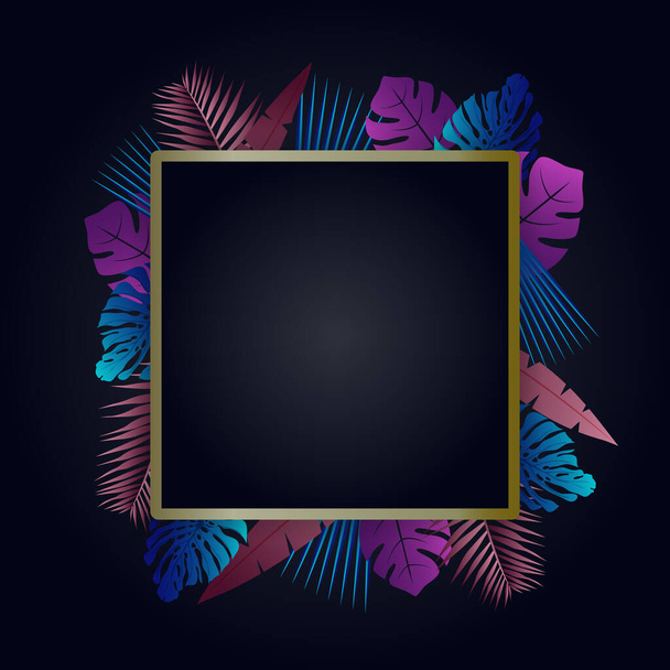 Exotic tropical vector around a frame with hawaiian plants and flowers. Dark indigo tropical pattern with monstera and sabal palm leaves - Vector, Image