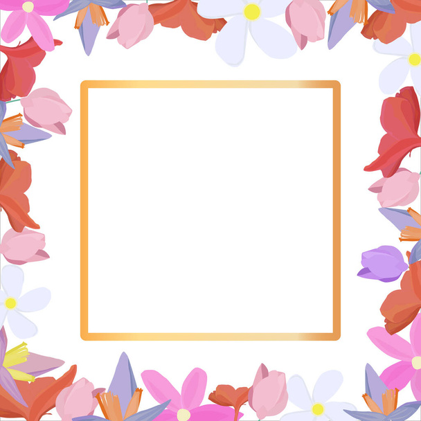 Tropische Blumen um einen weißen Rahmen herum kopieren den Raum. Heller abstrakter Hintergrund für Banner, Flyer oder Cover mit Kopierraum für Text oder Emblem - Vektor, Bild