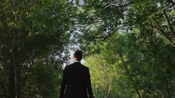 A man in a business suit walks along the road in the park with a travel bag in his hand. Goes with his back to the video camera, shooting 120 fps. - Footage, Video
