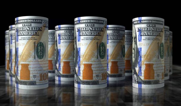 Dolar rohlíky smyčka 3D ilustrace. Peníze na stole. Bankovky v amerických dolarech. Abstraktní koncept ekonomiky, financí, hotovosti, obchodního úspěchu, recese a dluhu v USA. - Fotografie, Obrázek