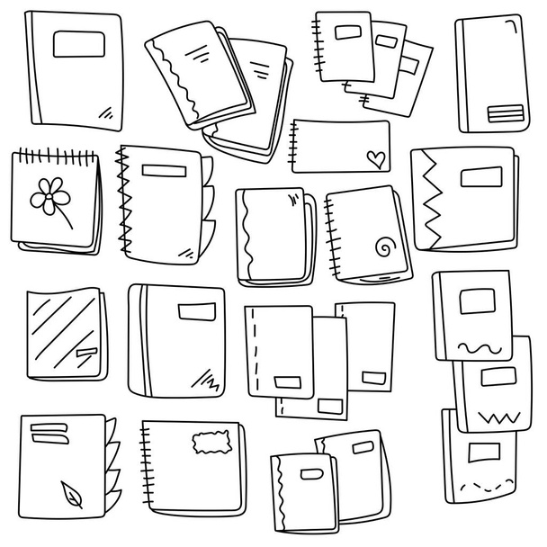 Ένα σύνολο τετράδια με σχέδια διαφόρων σχημάτων και μεγεθών, ένα σχολικό βιβλίο και ένα σημειωματάριο με σπείρα ή κόλλημα, υλικά για σημειώσεις ή διδακτική εικονογράφηση - Διάνυσμα, εικόνα