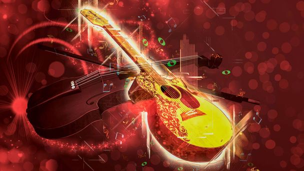 Acoustic classical guitar and violin on black background with music notes - 3d rendering - Photo, Image