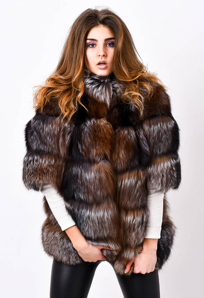 Winter elite luxury clothes. Female brown fur coat. Fur store model posing in soft fluffy warm coat. Pretty fashionista. Woman makeup and hairstyle posing mink or sable fur coat. Fur fashion concept - Foto, Imagen