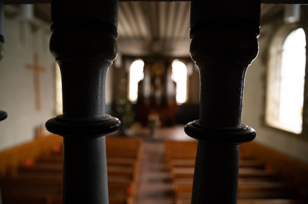 Close Up Detail of Wooden Carved Railing Banister in Old Medieval Church Chapel Cathedral With Perspective and Blurred Background - Photo, Image