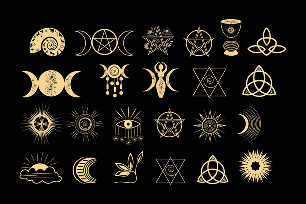 Un ensemble d'éléments ésotériques.Tatouage alchimie et spirituelle, sorcellerie magicien et occulte.Icônes d'or sur un fond noir. - Vecteur, image