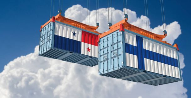 Nákladní kontejnery s vlajkami Finska a Panamy. 3D vykreslování  - Fotografie, Obrázek