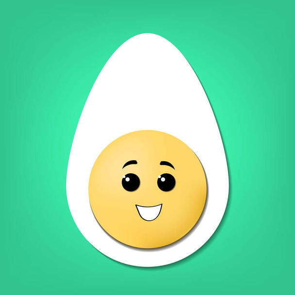 Boiled egg cutaway icon. Cute volumetric cartoon egg isolated on background. A happy egg with eyes and a smile. - Vector, Image