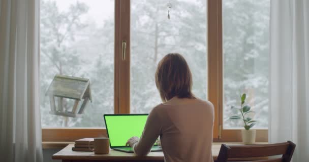 Back view of woman typing on mock up laptop sitting by window winter snowy landscape. Faceless girl freelancer working indoors at wooden table cozy interior slow motion. Freelance lockdown concept - Footage, Video