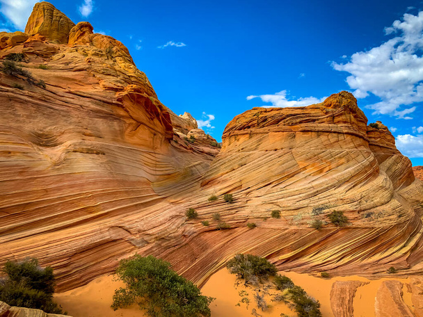 The Wave es una famosa formación de roca arenisca ubicada en Coyote Buttes, Arizona, conocida por sus formas coloridas y ondulantes. - Foto, Imagen