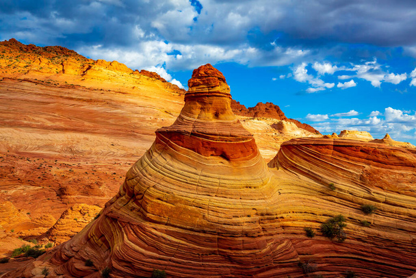 Wave to słynna formacja skalna z piaskowca znajdująca się w Coyote Buttes w Arizonie, znana z barwnych, falujących form - Zdjęcie, obraz