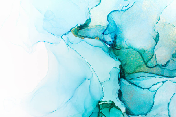 Closeup of blue and green alcohol ink abstract texture, trendy wallpaper. Art for design project as background for invitation or greeting cards, flyer, poster, presentation, wrapping paper - Fotoğraf, Görsel