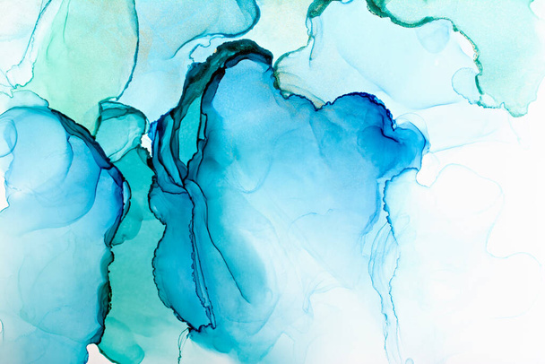 Closeup of blue and green alcohol ink abstract texture, trendy wallpaper. Art for design project as background for invitation or greeting cards, flyer, poster, presentation, wrapping paper - Fotoğraf, Görsel