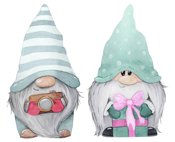 Cute gnomes illustrations. Gnomes in red and blue hat with big white beards - Photo, Image