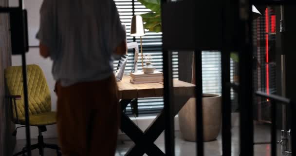 Mujer trabaja en un ordenador portátil en acogedora oficina en casa - Imágenes, Vídeo