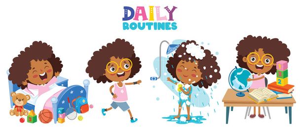 Little Kid Making Daily Routine Activities - Vector, Image