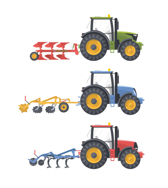 Juego de tractores. vector plano illustarion. Máquina agrícola con equipo. Cultivador Plow. Colección - Vector, imagen