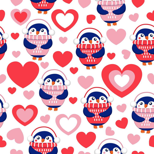 Dia de São Valentim. Padrão sem costura com corações e pinguins de bebê azul vestindo suéteres rosa, vermelho e branco, chapéus e fones de ouvido. Fundo preto. Papel de parede, têxtil, scrapbooking, papel de embrulho - Vetor, Imagem