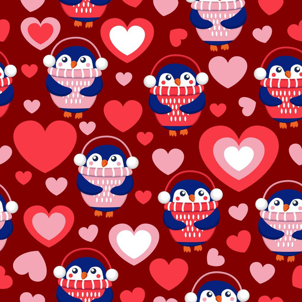 Día de San Valentín. Patrón sin costuras con corazones y pingüinos bebés azules que usan suéteres, sombreros y faldas rosas, rojas y blancas. Fondo granate. Fondos de pantalla, textil, scrapbooking y papel de regalo - Vector, Imagen