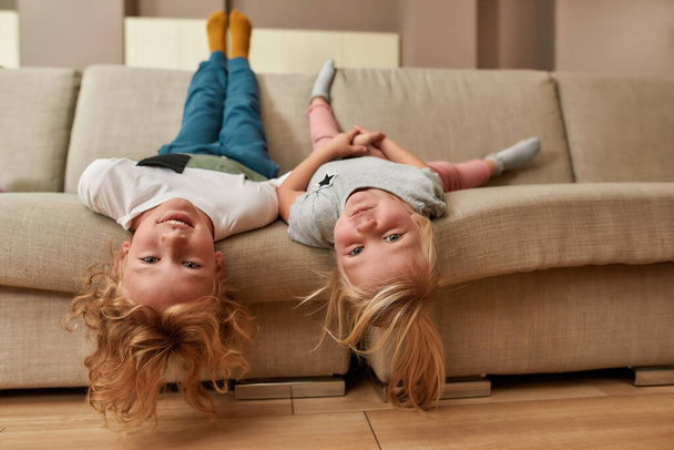 Have fun. Portrait of playful kids, little boy and girl lying upside down on a sofa in the living room - Φωτογραφία, εικόνα