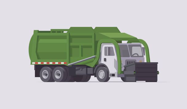 Camion della spazzatura verde vettoriale. Caricatore anteriore. Carico rifiuti. Illustrazione isolata Collezione - Vettoriali, immagini