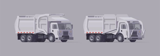 Vector weißer Müllwagen Set. Frontlader. Isolierte Illustration. Sammlung - Vektor, Bild