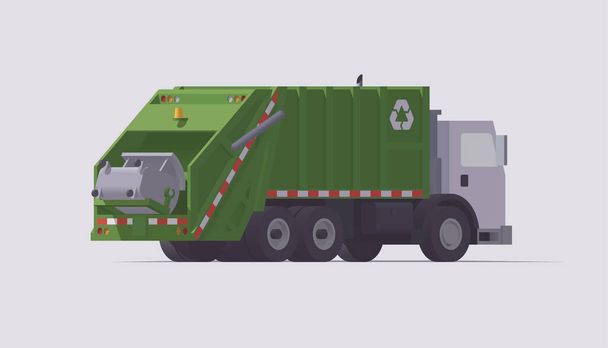 Vektorgrünes Müllfahrzeug. Nachlader. Müllverladung. Rückansicht. Isolierte Illustration. Sammlung - Vektor, Bild