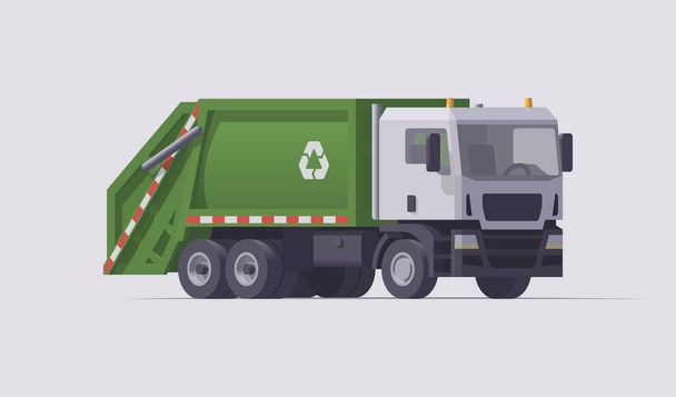 Vektör yeşil çöp kamyonu. Arka yükleyici. İzole bir illüstrasyon. Koleksiyon - Vektör, Görsel