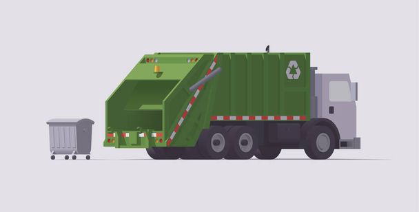 Vektör yeşil çöp kamyonu. Arka yükleyici. Çöp yüklemesi. Arkadan bak. İzole bir illüstrasyon. Koleksiyon - Vektör, Görsel