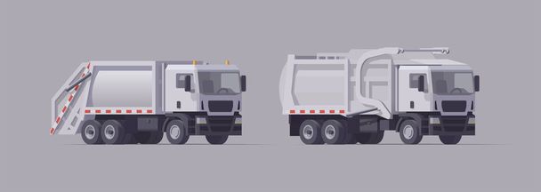 Set camion della spazzatura bianco vettoriale. Caricatore anteriore e caricatore auricolare. Illustrazione isolata Collezione - Vettoriali, immagini
